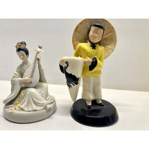 VNTG Asian Fig~Porcelain~ Vilas Man Rare Defect~ Geisha Asian Woman Playing Pipa